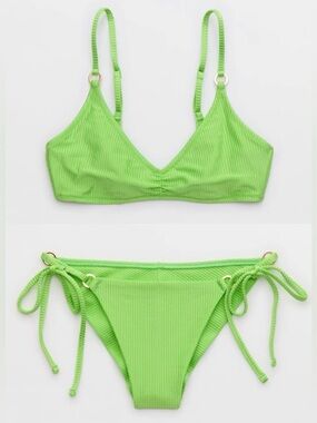 NWT Aerie FULL SET Beach Babe Shine Rib Voop Top + Cheekiest Tie Bottom Lime - S